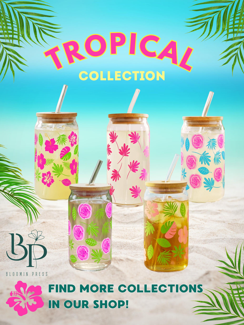 16 oz Tropical Glass Tumbler with Bamboo Lid and Straw – Coastal Chic Drinkware