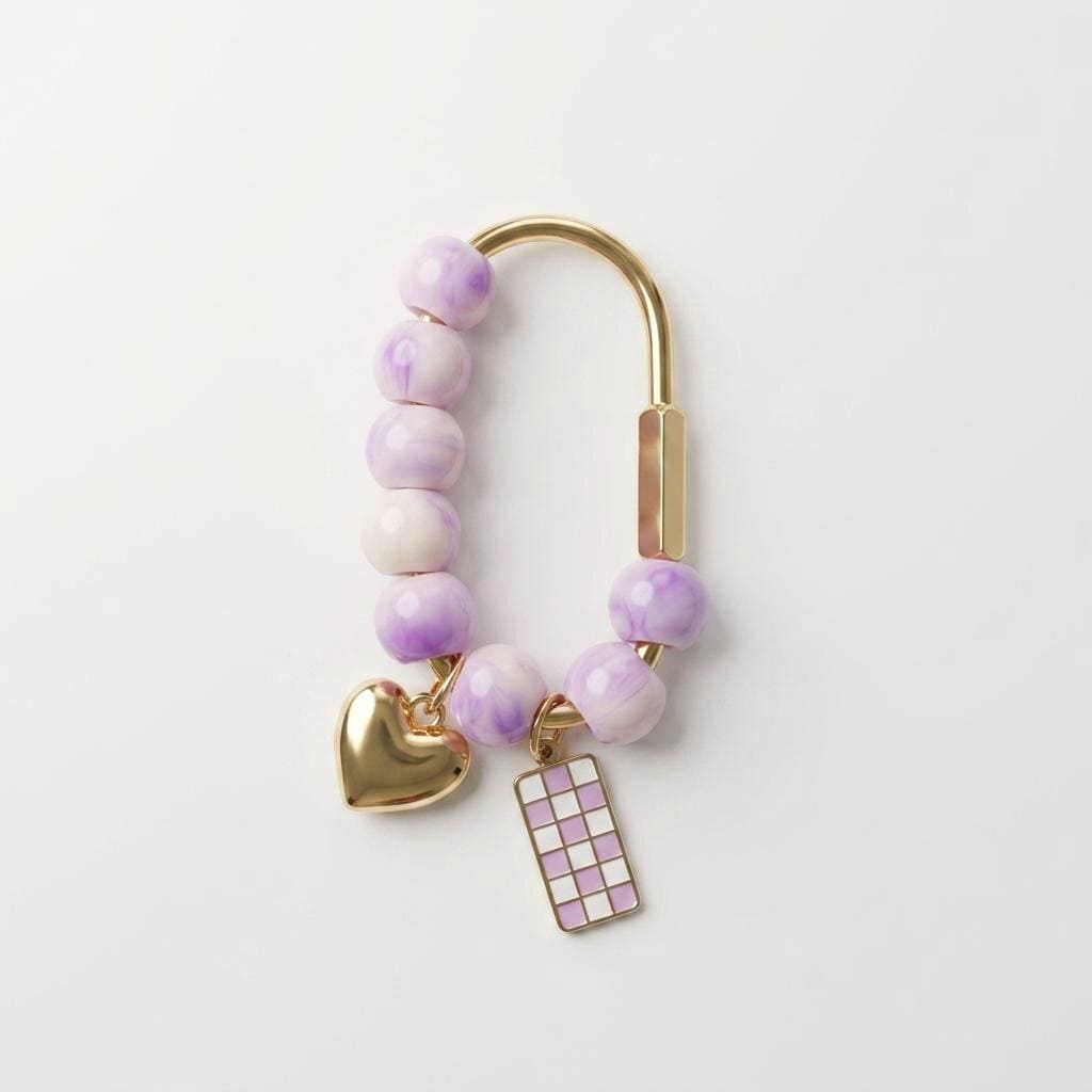 Golden Carabiner Bag Charm – Purple Marble Beads, Heart & Checkered Charms - Gift for friend