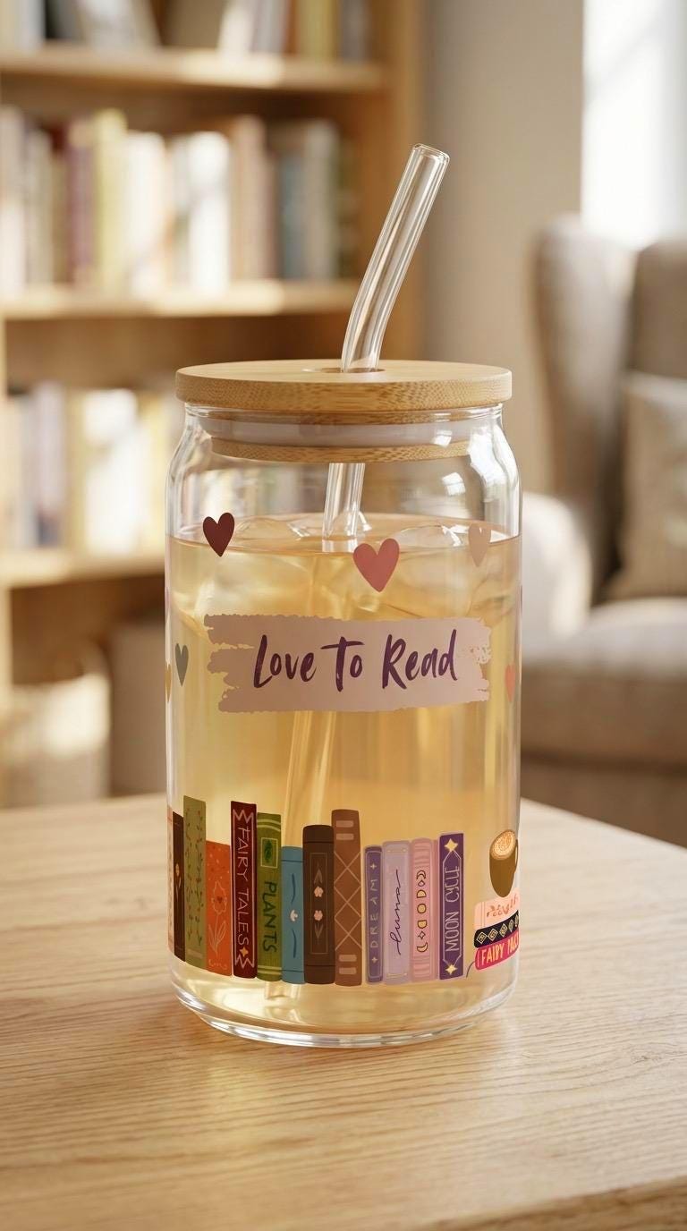 16 oz Glass Tumbler with Bamboo Lid and Straw - Book Lovers - Gift for Friend