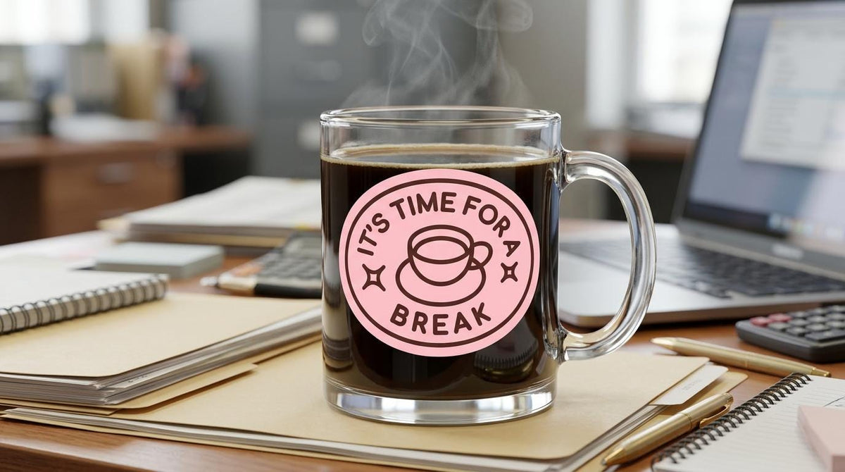 Time for a Coffee Break! 12 oz Clear Glass Mug - Pink Graphics