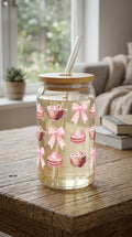 16 oz Glass Tumbler with Bamboo Lid – French Macarons, Coffee Cups, Pastel