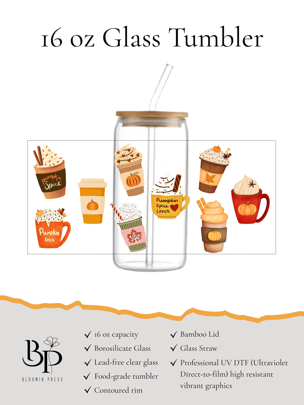 Autumn drinks 16 oz Glass Tumbler with Bamboo Lid and Straw - Cozy Fall Beverages