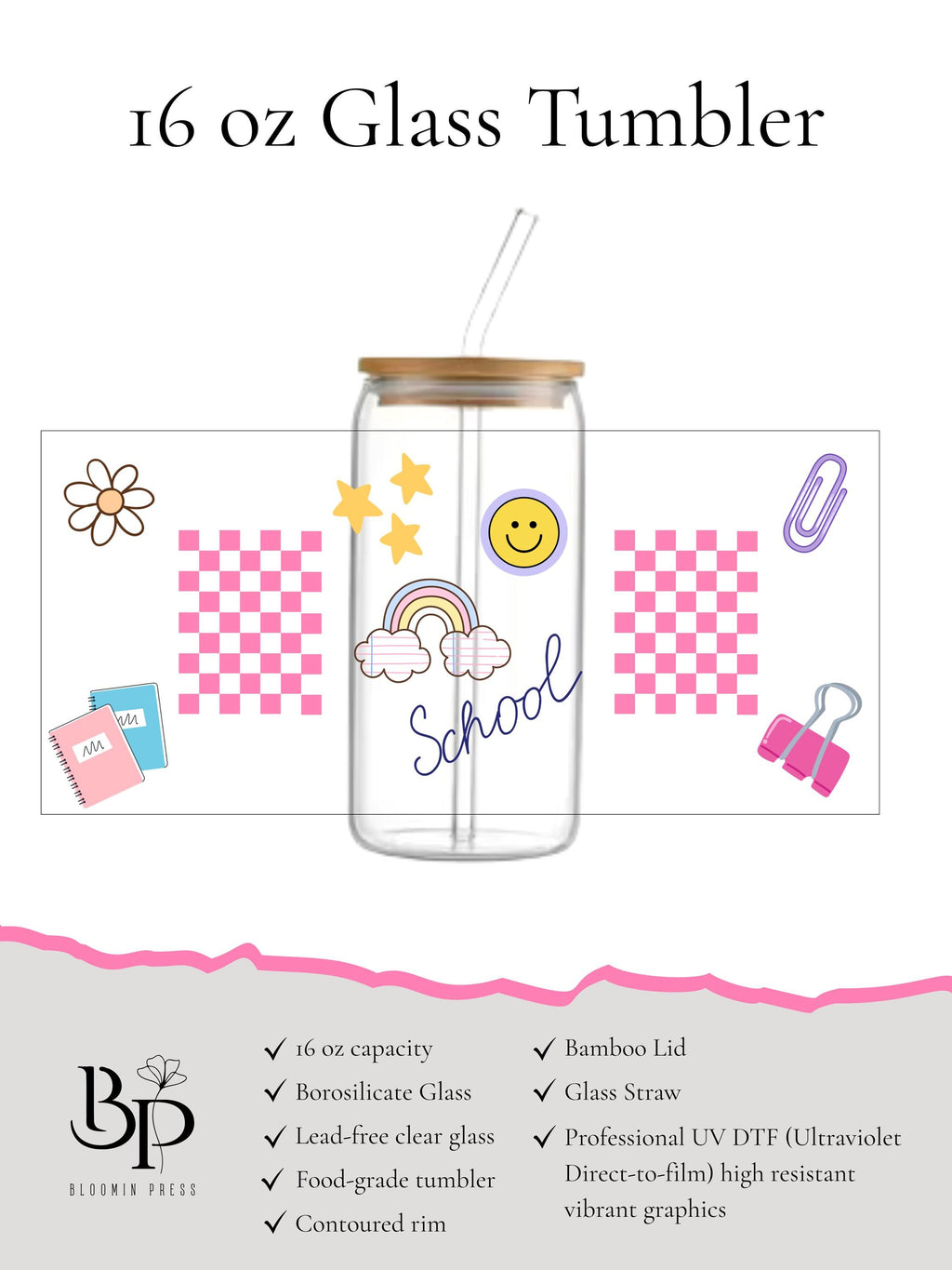 16 oz Glass Tumbler with Bamboo Lid, School Themed Design, Reusable Straw
