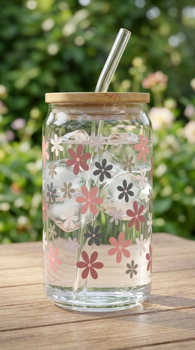 16 oz Floral Glass Tumbler with Bamboo Lid – Boho Nature Drinkware