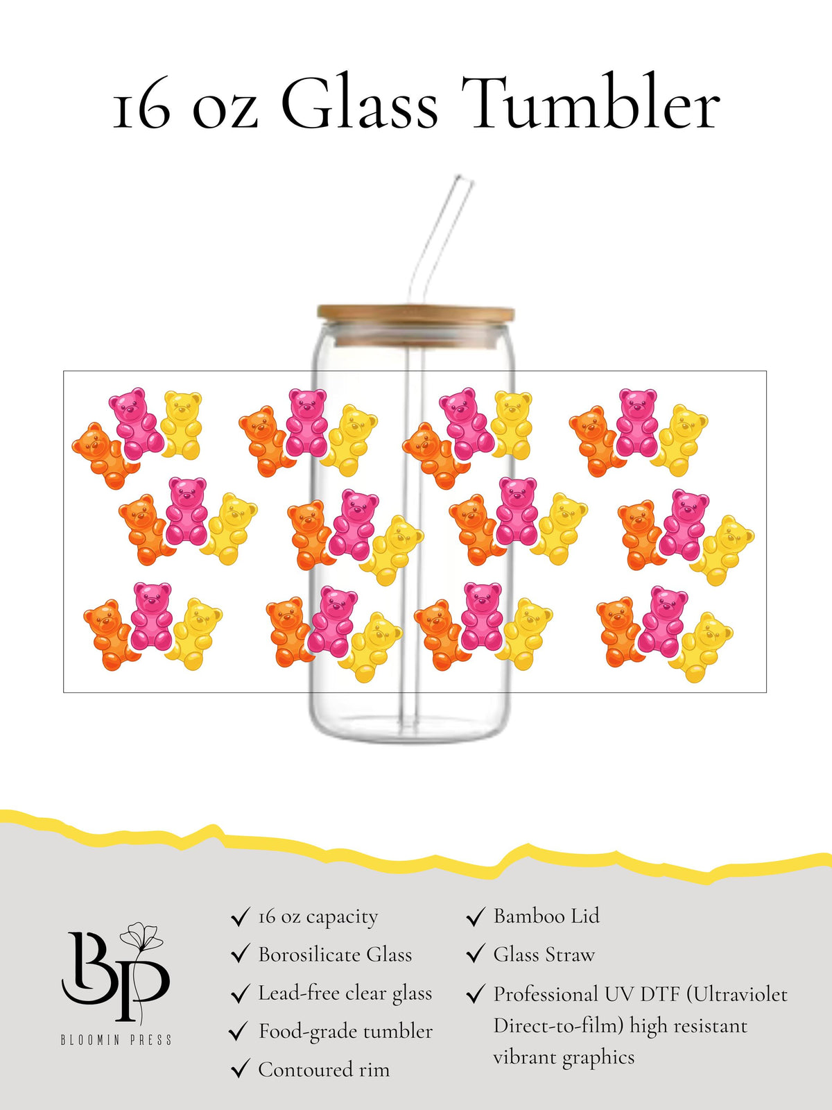 16 oz Gummy Bears Glass Tumbler with Bamboo Lid and Straw – Candy Design