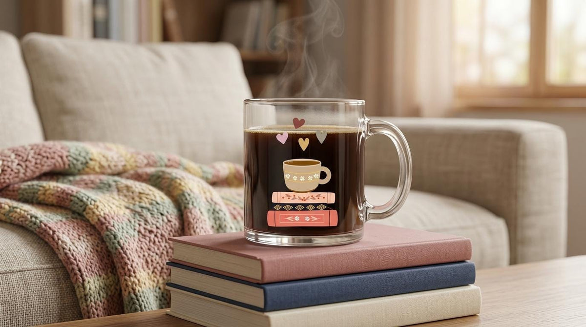 12 oz Clear Glass Mug  for Coffee and Book Lovers - Taupe