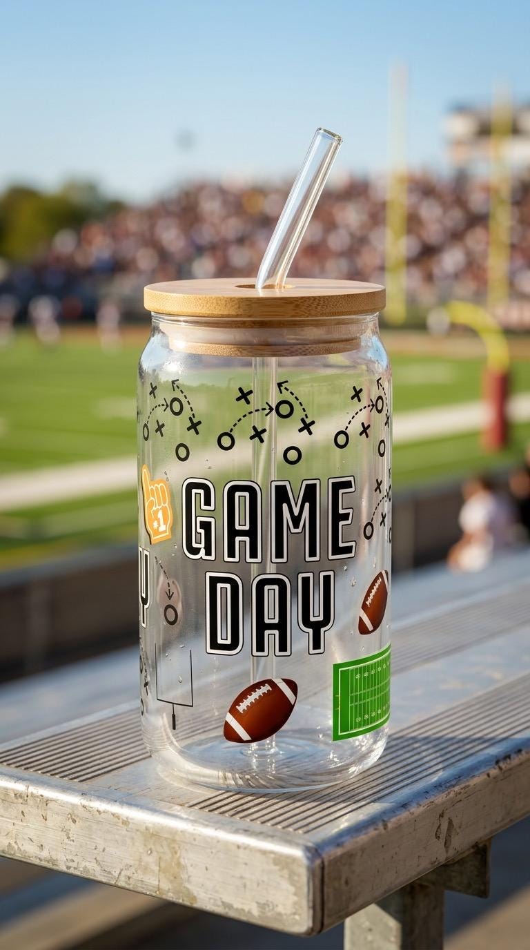16 oz Football Glass Tumbler – Game Day Sports Drinkware with Bamboo Lid