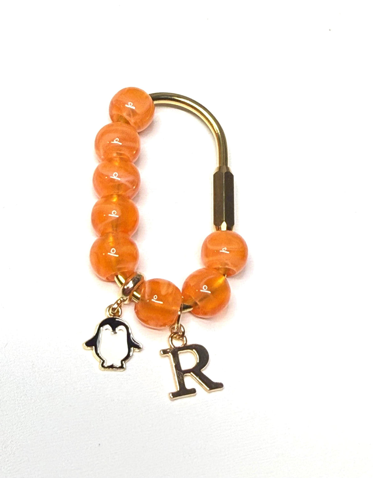 Golden Carabiner Bag Charm with Orange Beads, Penguin, Letter R Charms