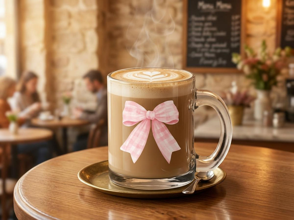 Pink Bow Coquette 12 oz Glass Mug - Gift for Coffee Lovers