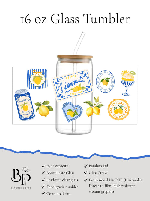 16 oz Glass Tumbler with Bamboo Lid and Straw - Lemonade - Italian Summer