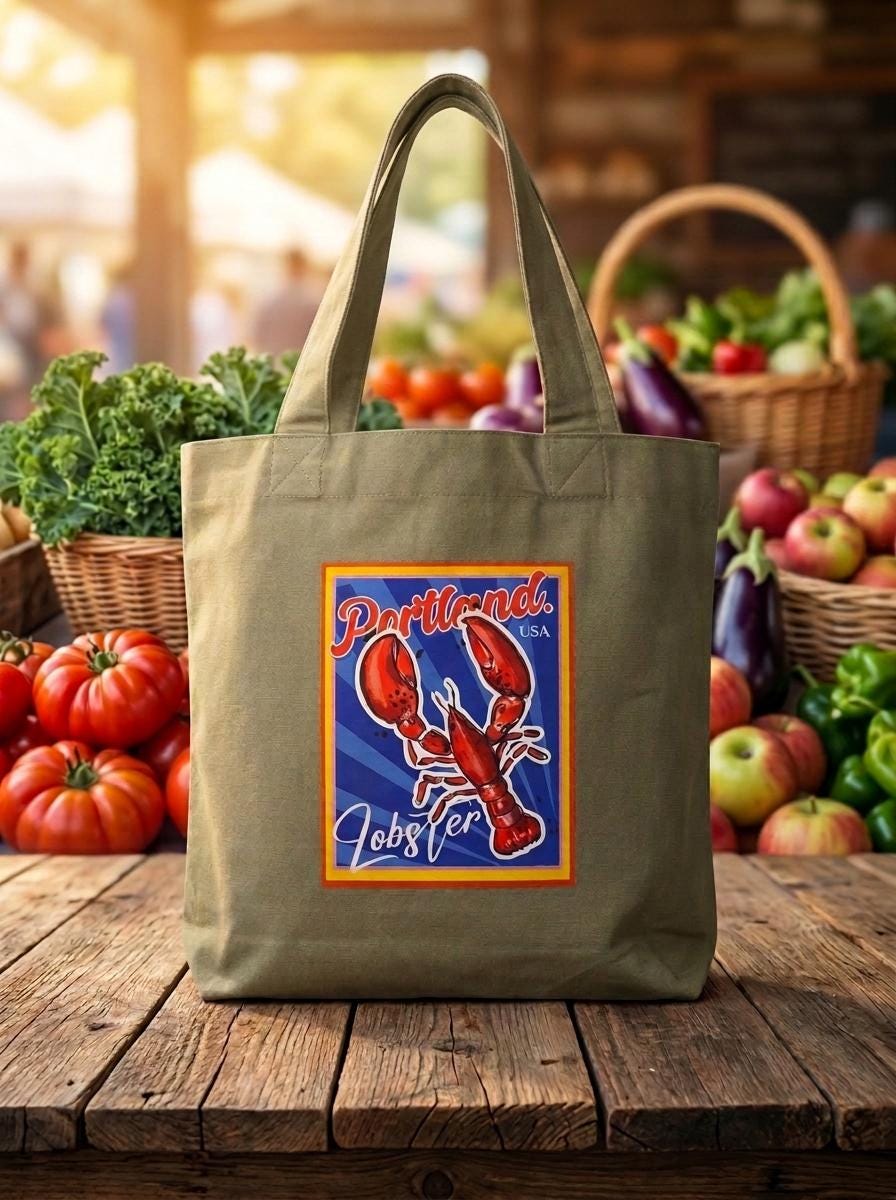 Portland Lobster - Medium Canvas Summer bag with handles - Green olive color
