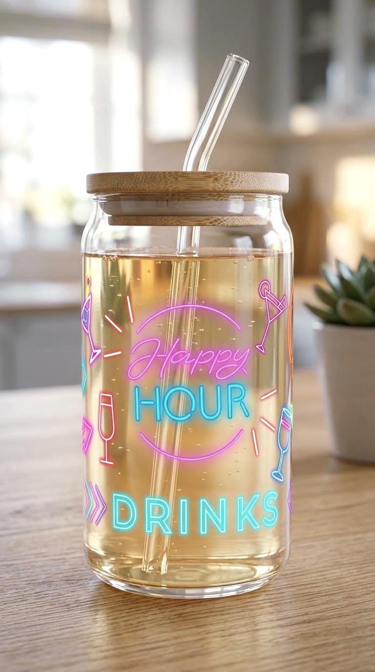16 oz Glass Tumbler with Bamboo Lid and Straw - Neon Decor - Drinks - Bar Glassware