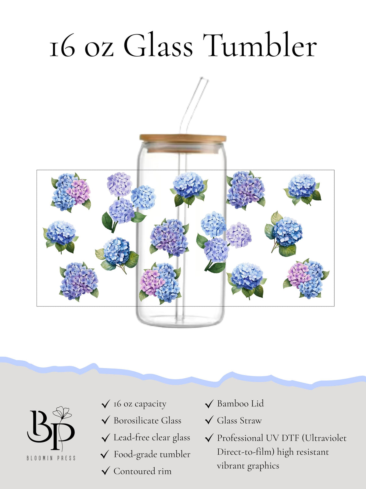 16 oz Glass Tumbler with Bamboo Lid – Blue Hydrangea Botanical Drinkware