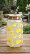 16 oz Glass Tumbler with Bamboo Lid and Straw - Lemon - Summer Fruit - Teacher Gift