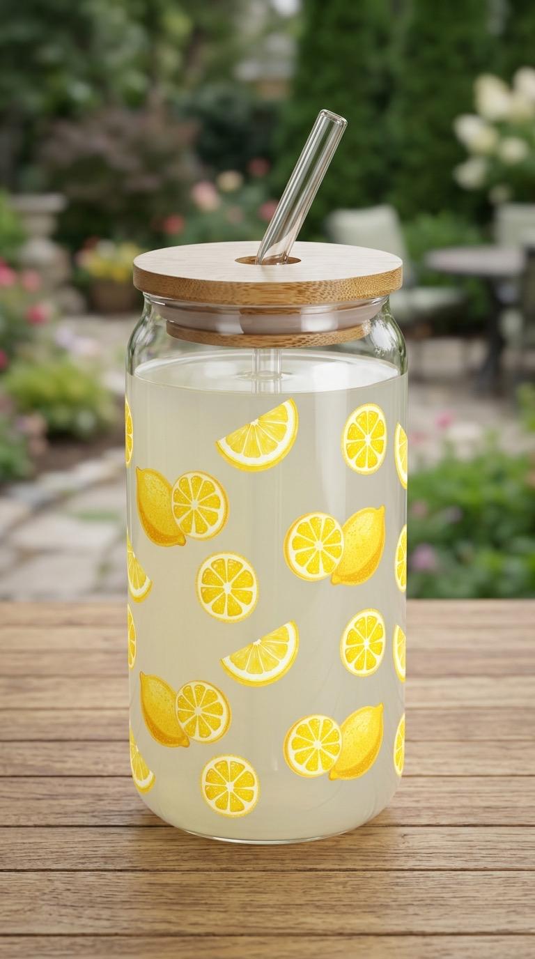16 oz Glass Tumbler with Bamboo Lid and Straw - Lemon - Summer Fruit - Teacher Gift