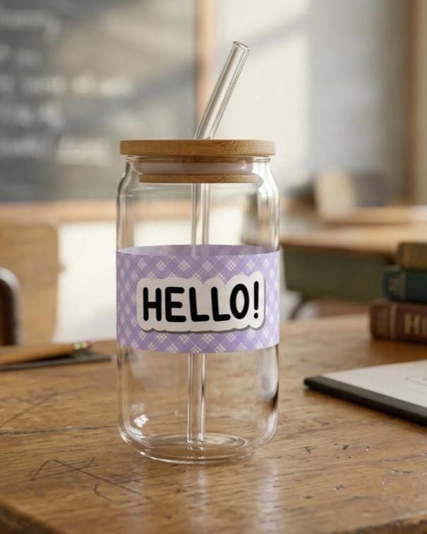 16 oz Glass Tumbler with Bamboo Lid and Straw – HELLO! DTF Wrap Drinkware
