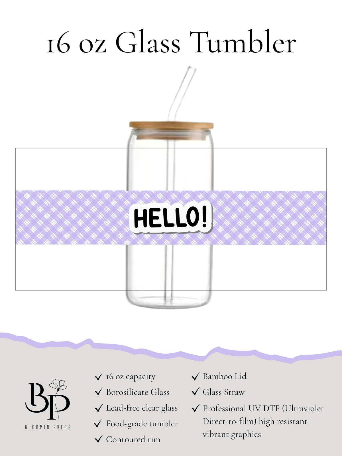 16 oz Glass Tumbler with Bamboo Lid and Straw – HELLO! DTF Wrap Drinkware
