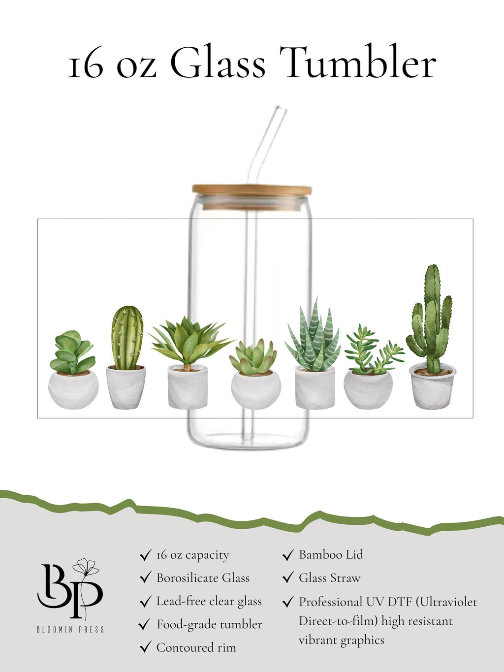16 oz Glass Tumbler with Bamboo Lid – Succulent Plant Lover Gift