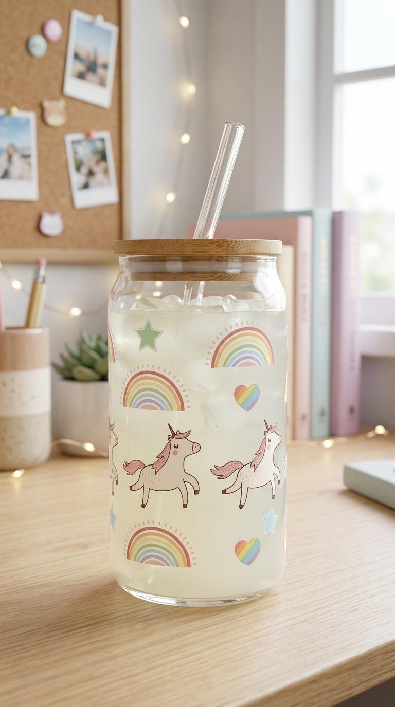 16 oz Glass Tumbler with Bamboo Lid with Straw - Girl gift - Unicorns - Fairycore