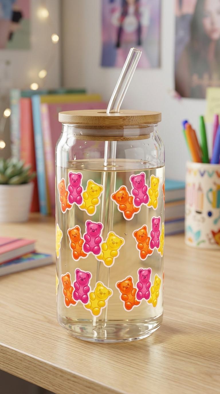 16 oz Gummy Bears Glass Tumbler with Bamboo Lid and Straw – Candy Design