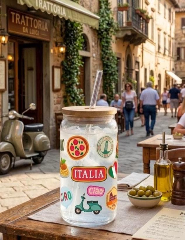 16 oz Italian Vibes Glass Tumbler – Bamboo Lid, Reusable Straw, Travel Cup