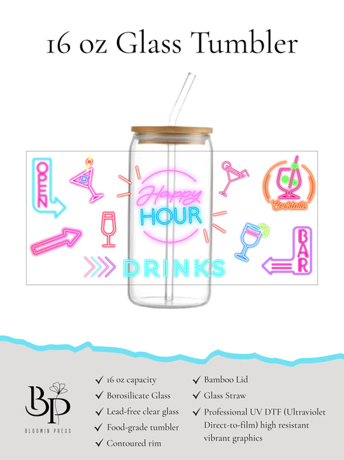 16 oz Glass Tumbler with Bamboo Lid and Straw - Neon Decor - Drinks - Bar Glassware