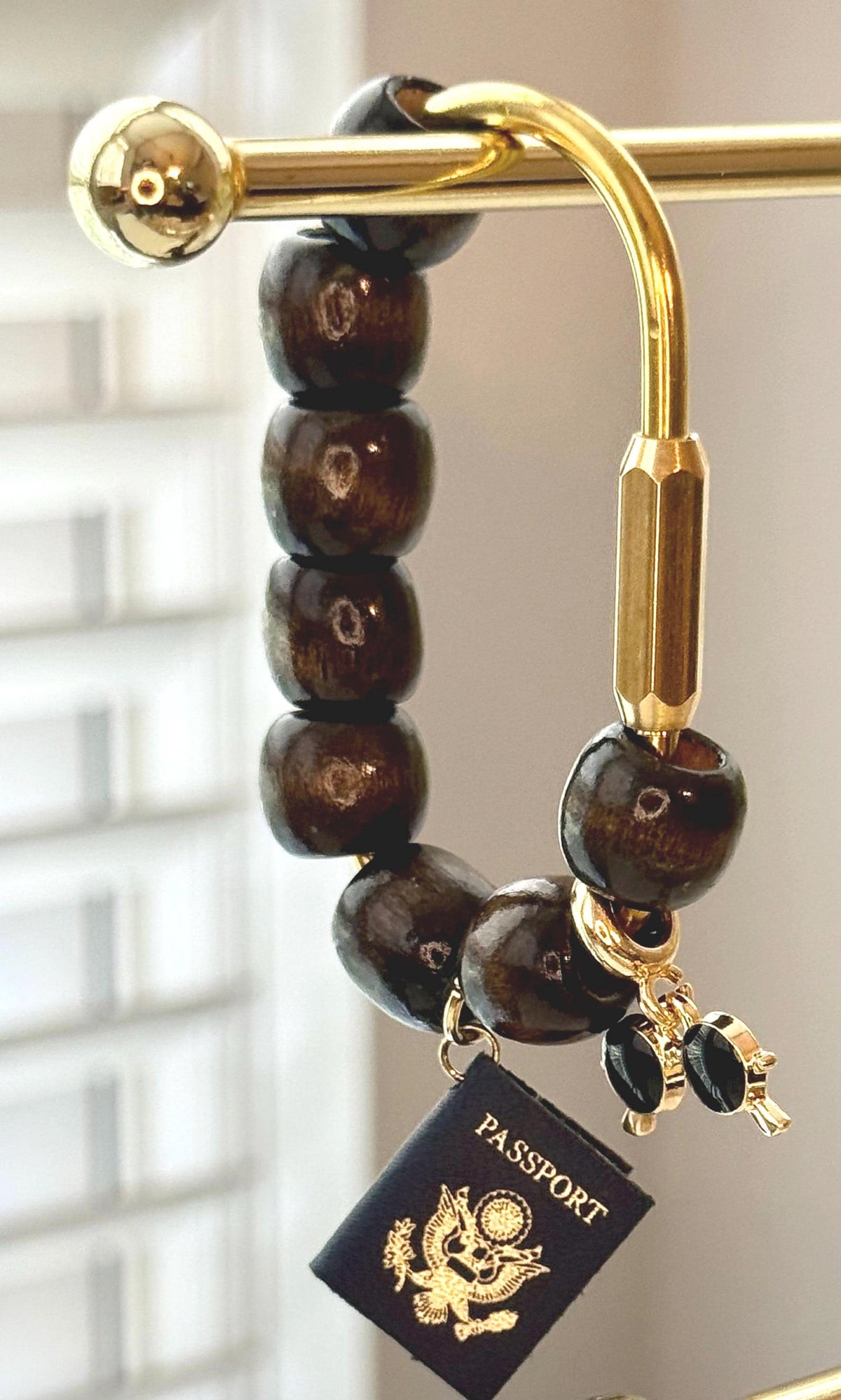 Golden Carabiner Bag Charm – Wooden Beads, Travel Accessory - Handbag charm