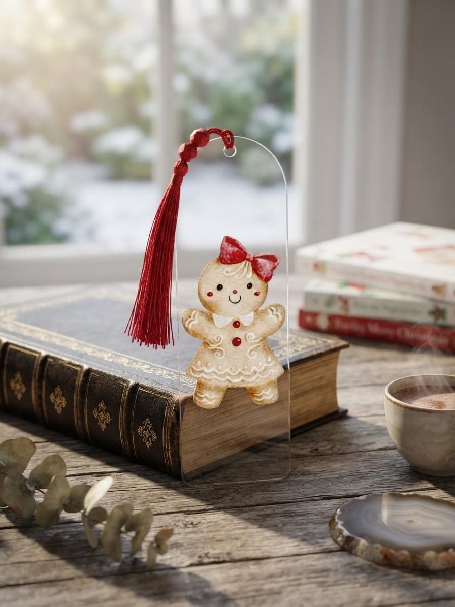 Holiday Gingerbread girl Acrylic Bookmark with UV DTF Design, Tassel & Beads