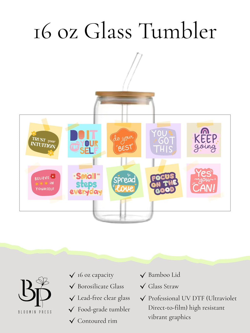16 oz Glass Tumbler with Bamboo Lid with Straw - Graphic cup - Empowerment