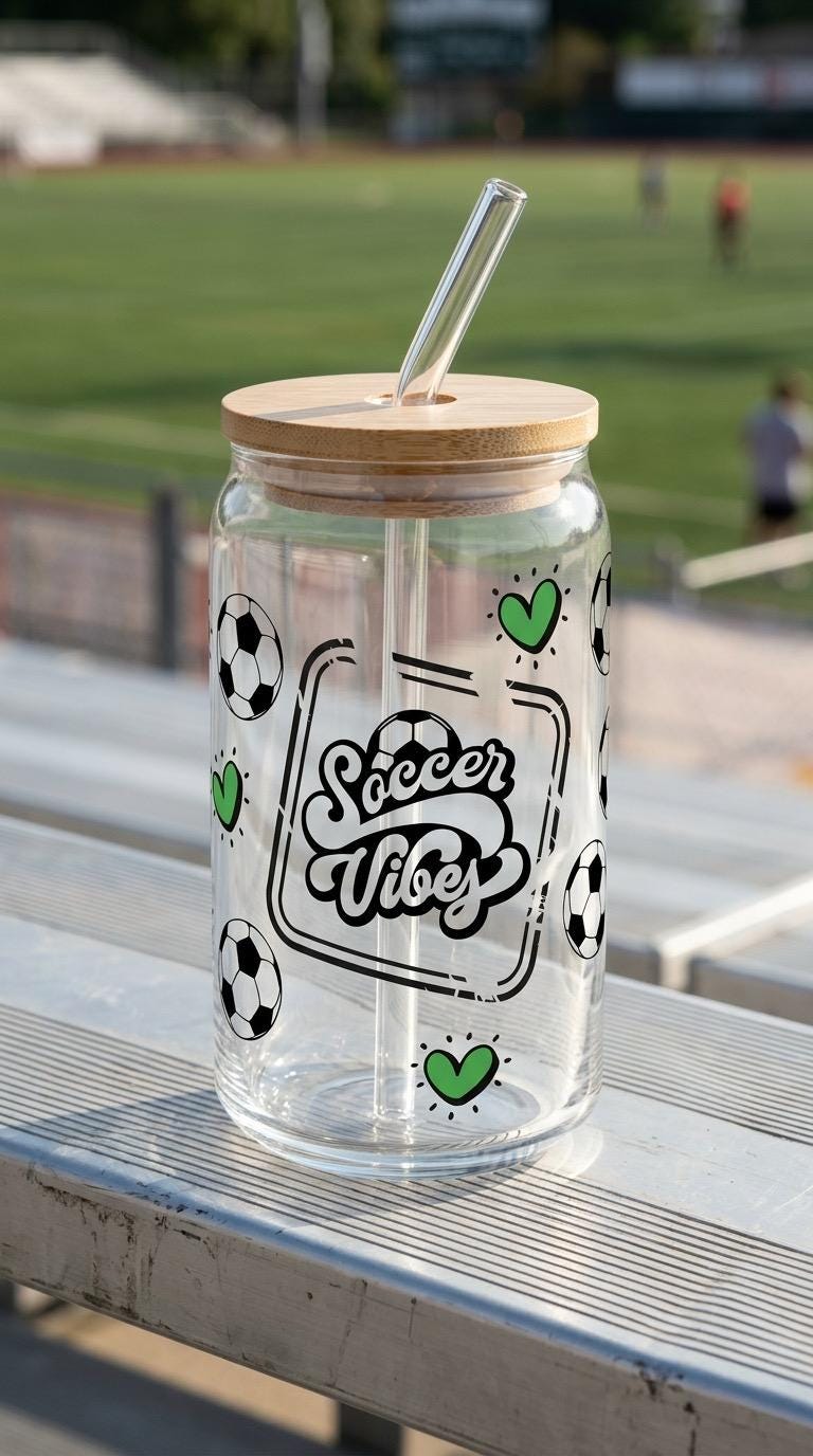 16 oz Glass Tumbler with Bamboo Lid and Straw - Soccer Gift - Sports