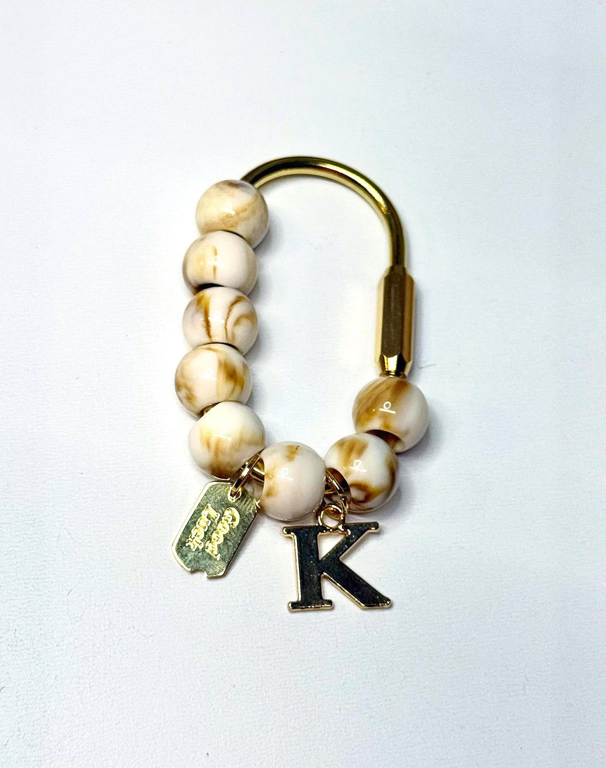 Golden Carabiner Bag Charm – Marble Beads, Letter K, Good Luck Tag