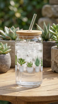 16 oz Glass Tumbler with Bamboo Lid – Succulent Plant Lover Gift