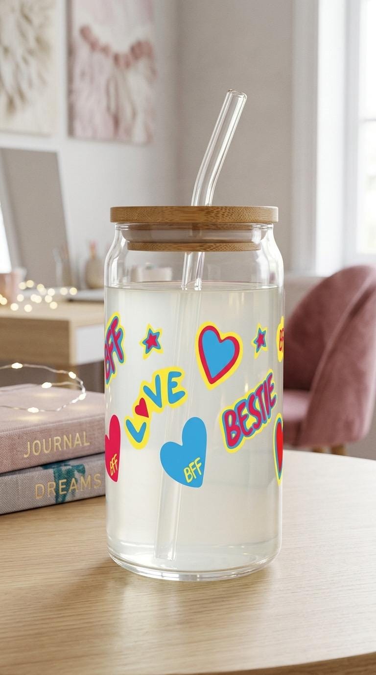 16 oz Glass Tumbler with Bamboo Lid and Straw - Trendy Cup - Girly gifts - BFF