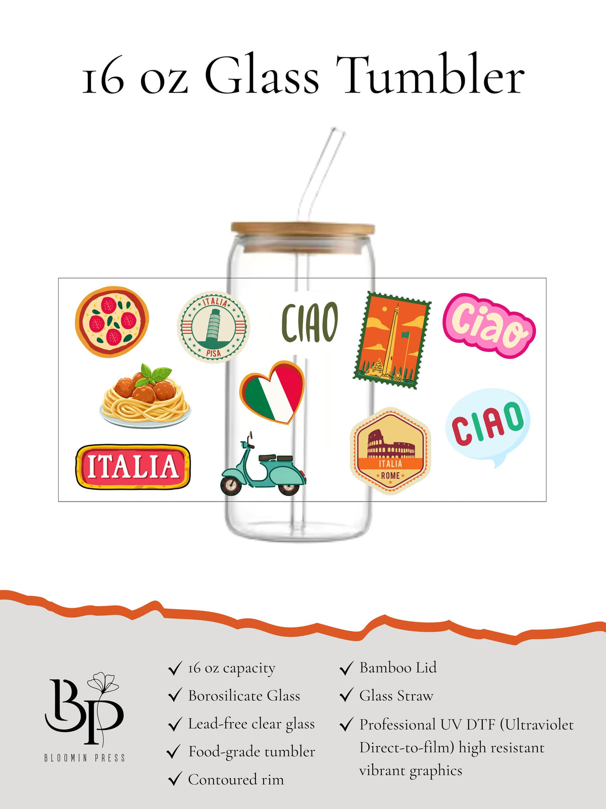 16 oz Italian Vibes Glass Tumbler – Bamboo Lid, Reusable Straw, Travel Cup