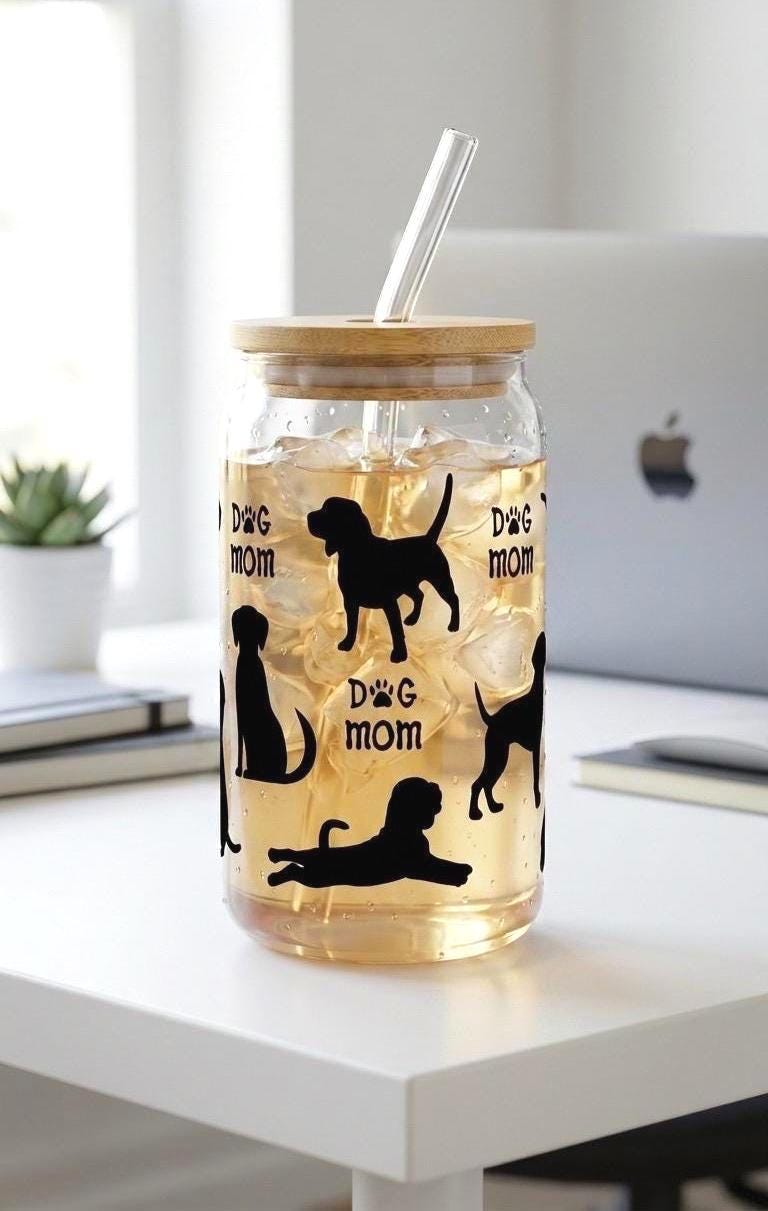 Dog Mom 16 oz  Glass Tumbler – Minimalist Dog Silhouettes, Bamboo Lid, Reusable Straw