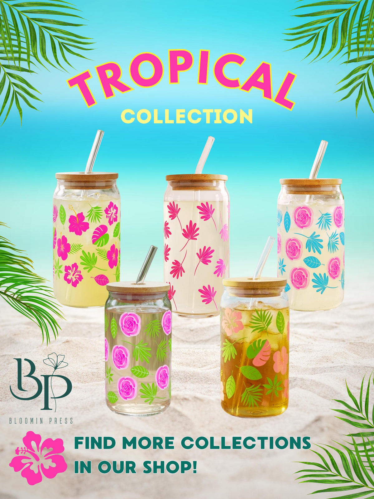 16 oz Tropical Glass Tumbler – Bamboo Lid, Reusable Straw, Coastal Chic Drinkware