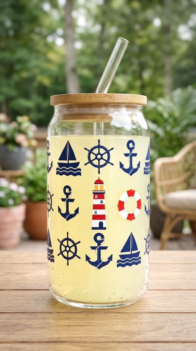16 oz Glass Tumbler – Nautical Sailing Design with Bamboo Lid (Summer Collection)
