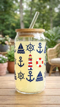 16 oz Glass Tumbler – Nautical Sailing Design with Bamboo Lid (Summer Collection)