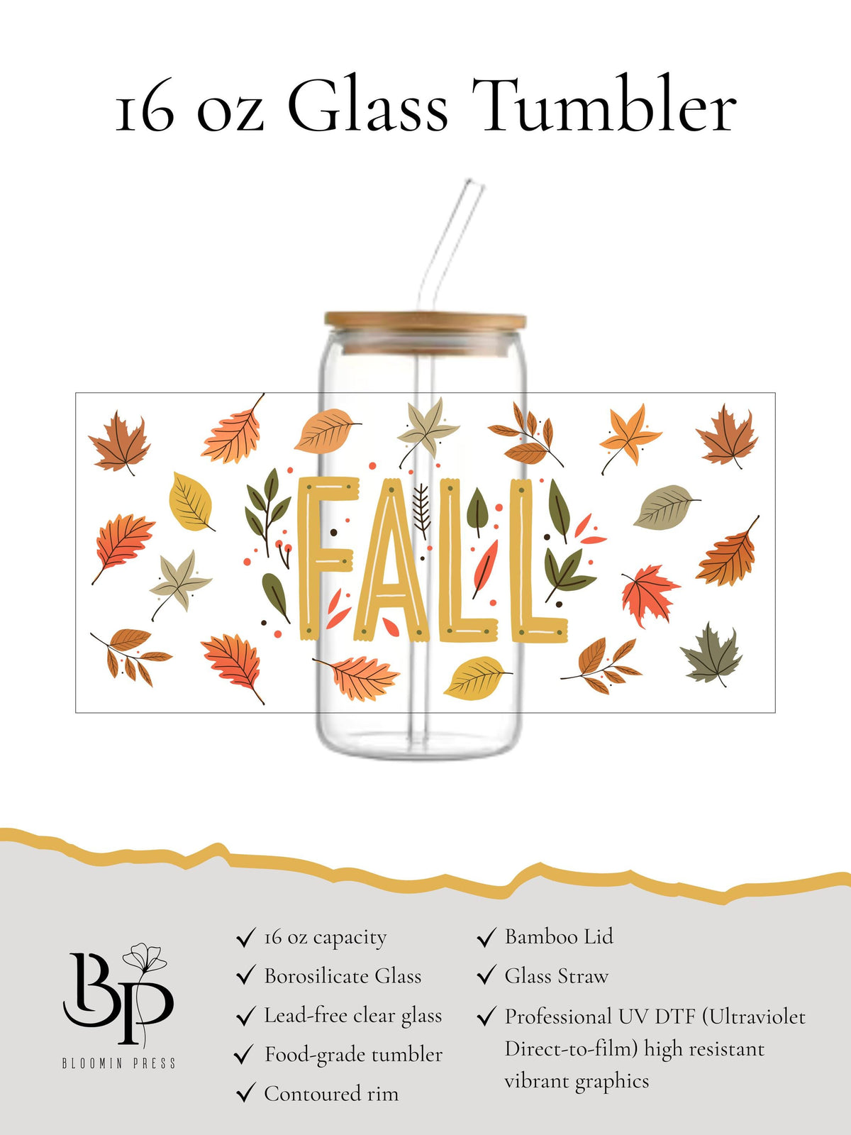 Fall Leaves 16 oz Glass Tumbler with Bamboo Lid and Straw - Cozy Fall Cup