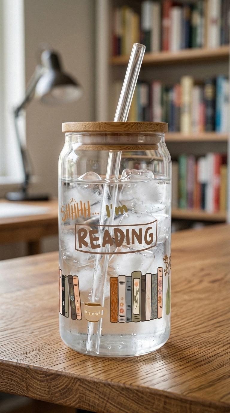 16 oz Glass Tumbler with Bamboo Lid and Straw - Book Lovers - Gift for Friend