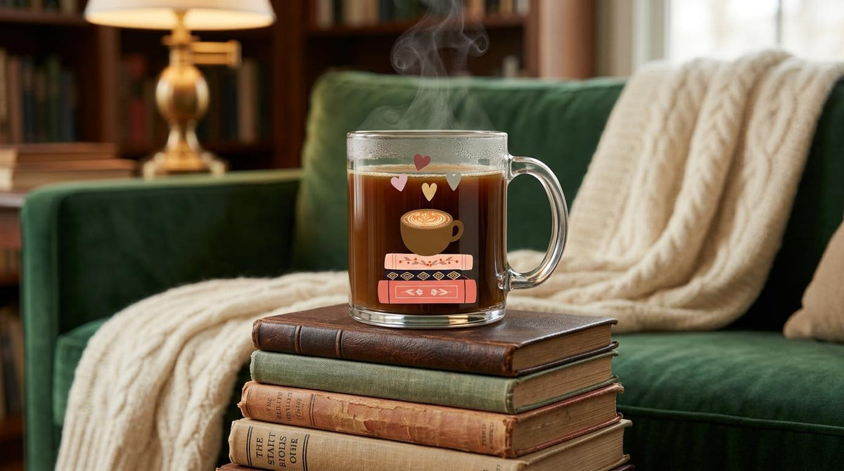 12 oz Clear Glass Mug  for Coffee and Book Lovers - Brown