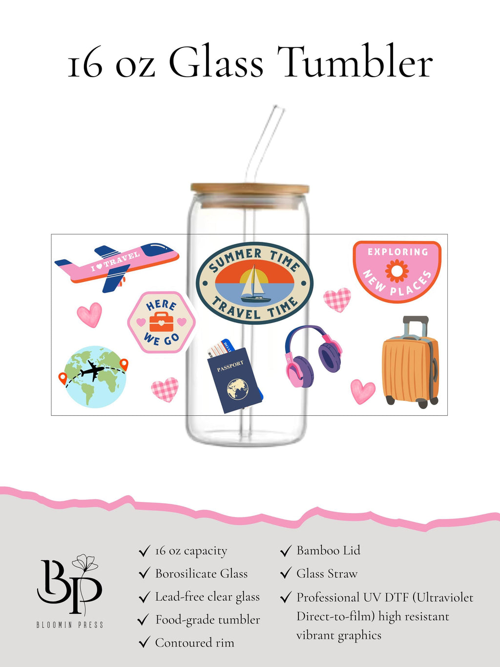 16 oz Glass Tumbler with Bamboo Lid – Summer Travel Design, Reusable Straw