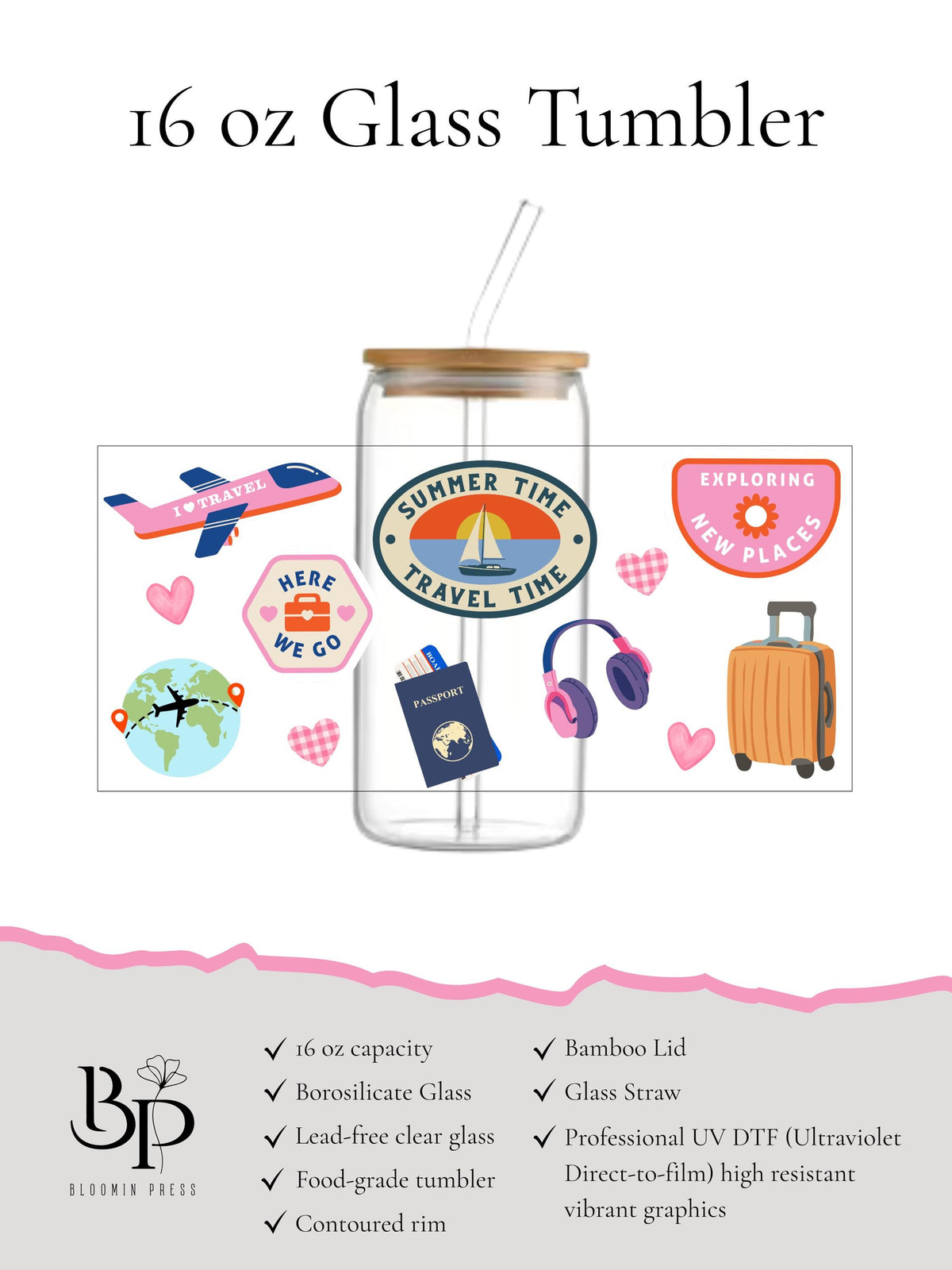 16 oz Glass Tumbler with Bamboo Lid – Summer Travel Design, Reusable Straw