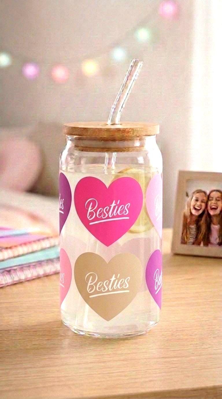 16 oz Glass Tumbler with Bamboo Lid and Straw - Gift for friend - Besties