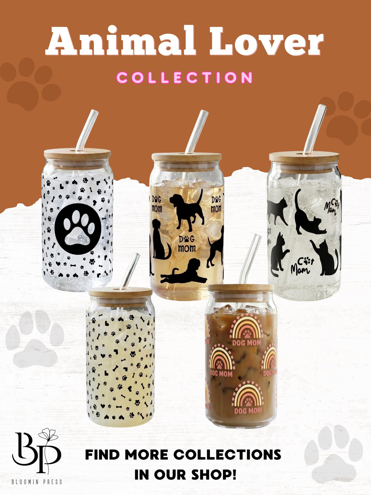 Animal Lover 16 oz Glass Tumbler – Paw Print Tumbler
