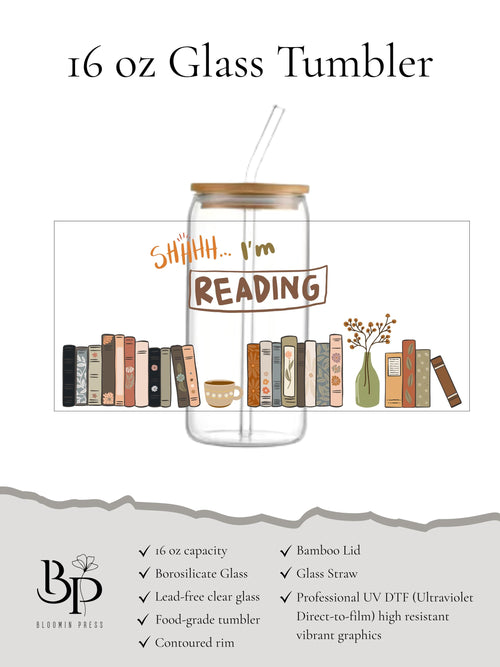 16 oz Glass Tumbler with Bamboo Lid and Straw - Book Lovers - Gift for Friend