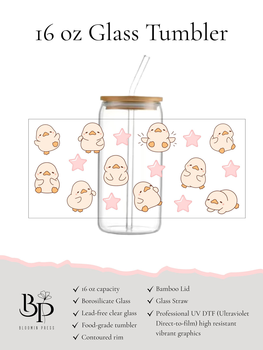 16 oz Glass Tumbler with Bamboo Lid and Straw - Animal lover - Ducks