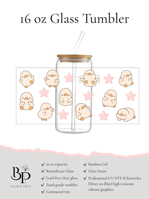 16 oz Glass Tumbler with Bamboo Lid and Straw - Animal lover - Ducks