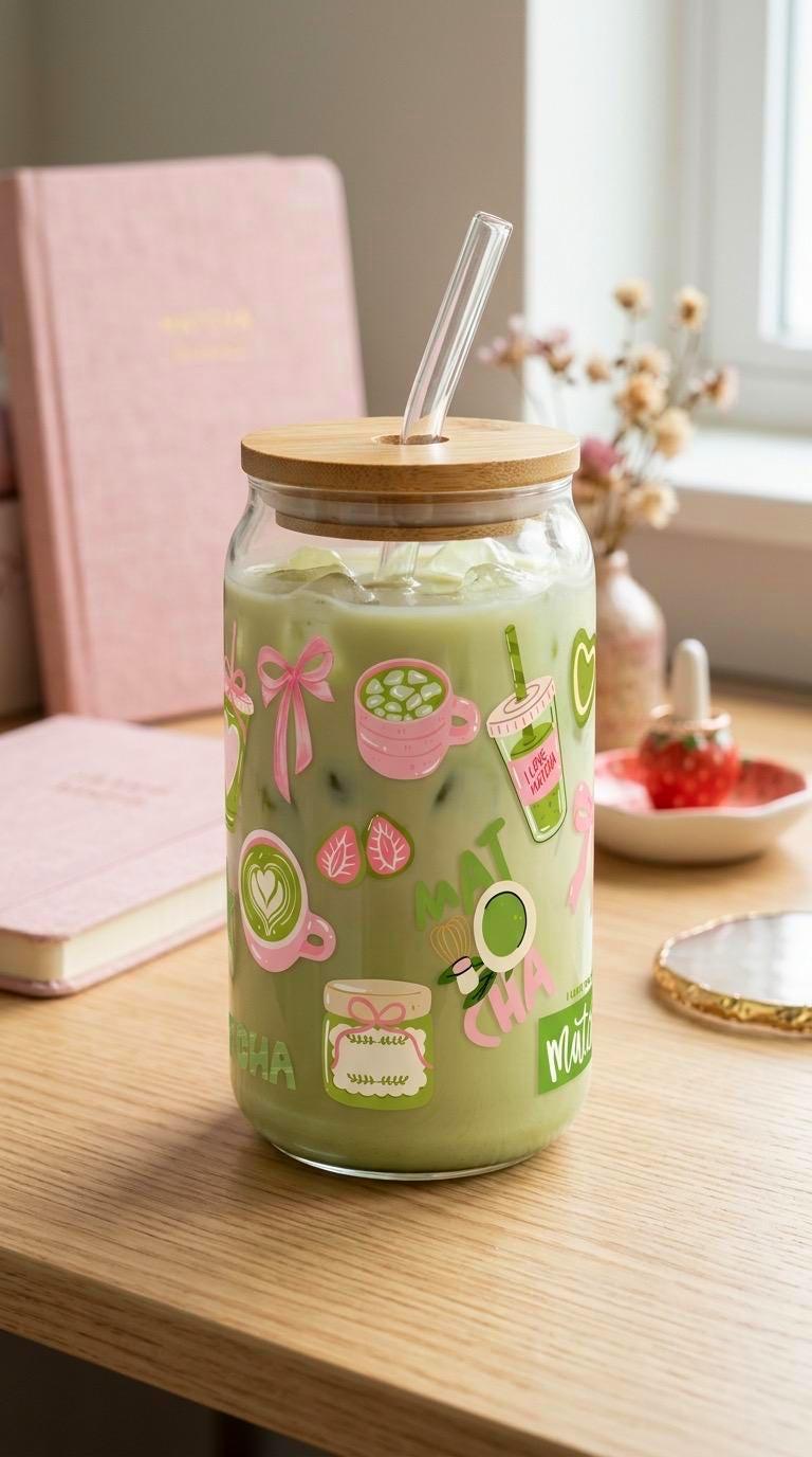 Matcha Lovers 16 oz Glass Tumbler with Bamboo Lid and Straw - Teacher Gift
