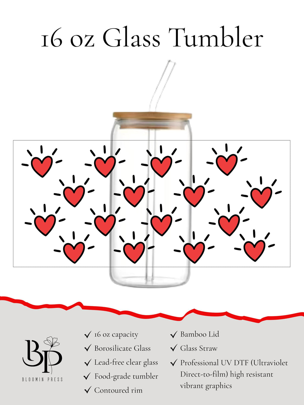 16 oz Glass Tumbler with Bamboo Lid and Straw – Heart Pattern Drinkware